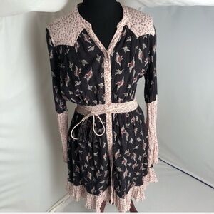 By Timo boho black pink multicolor print long sleeve button front dress